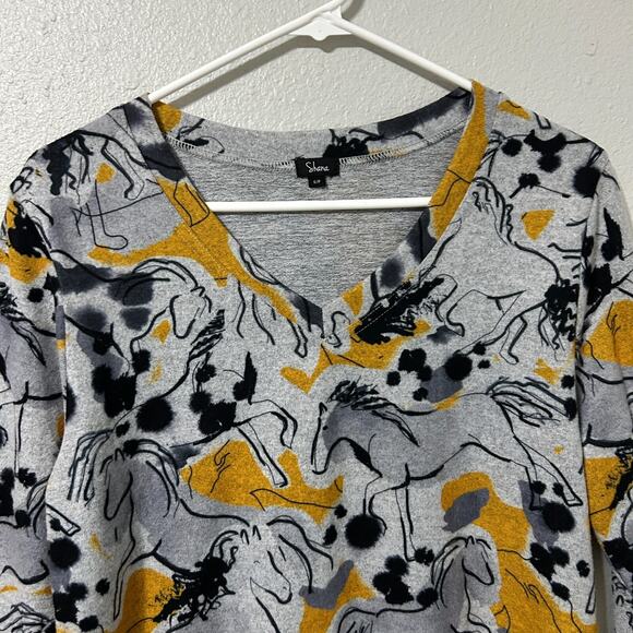 Shana Horse Print Top Small Gray Yellow Knit Cozy Soft Western - Picture 2 of 8